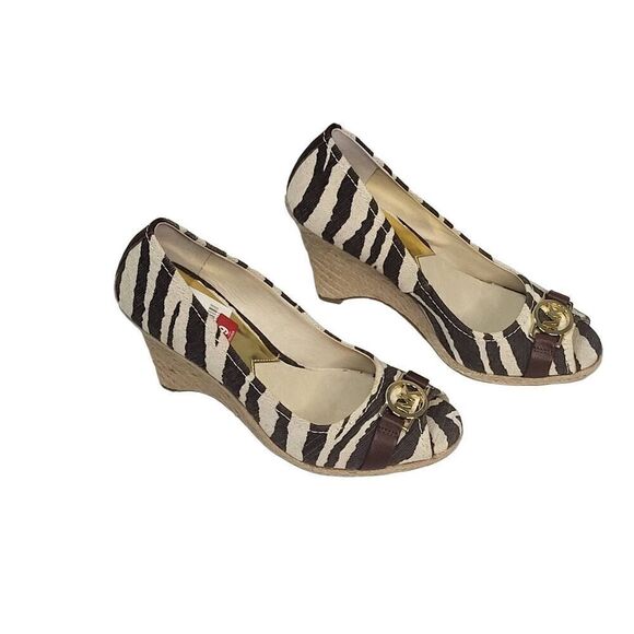 Michael Kors Brown Tan Tiger Print Espadrille Peep Toe Wedges Size 9M New In Box - Picture 9 of 12
